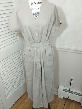 Final Touch Linen Blend‎ Midi Dress With Pockets, Size M, Tan, Cottage core, USA